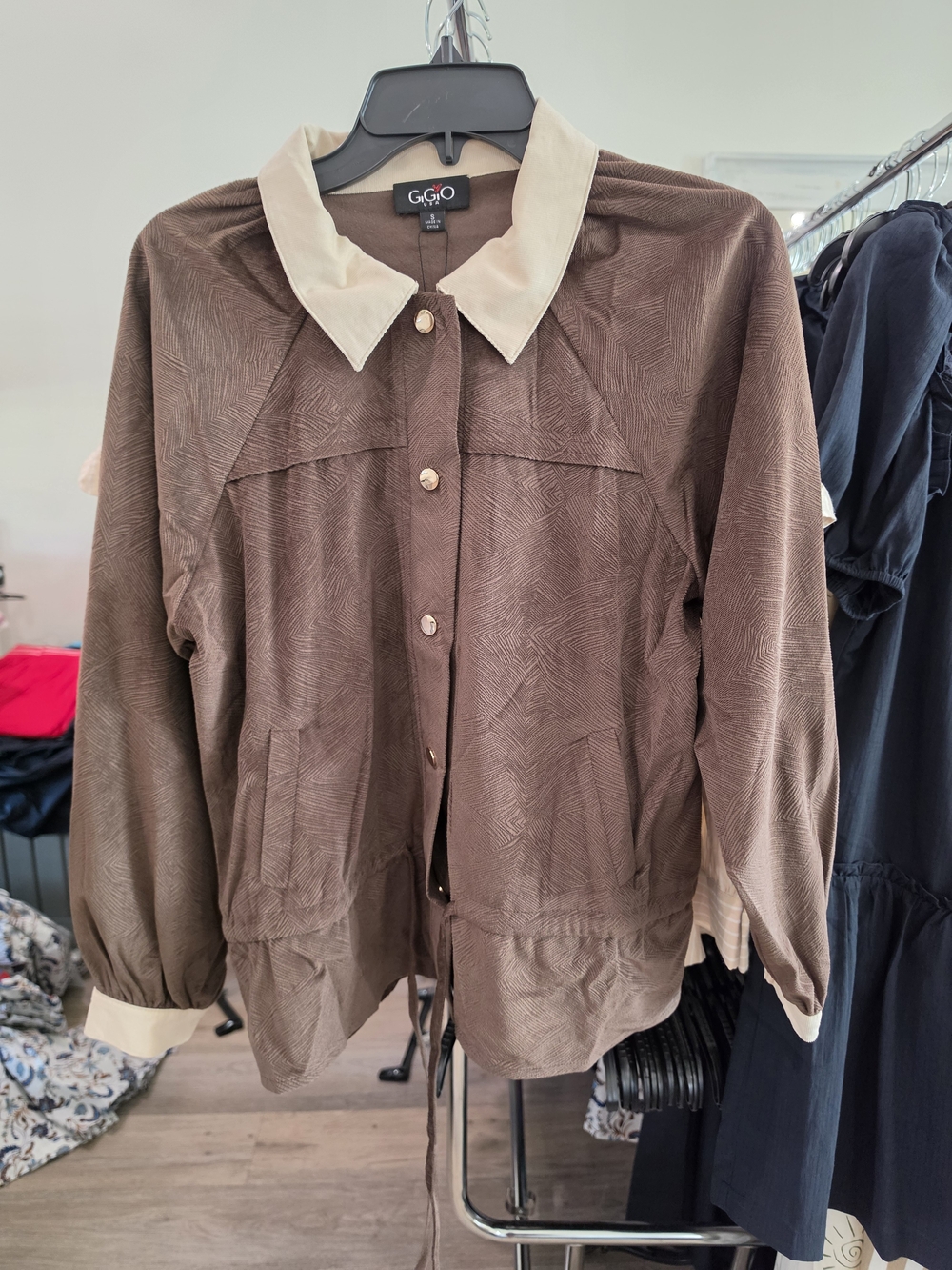Women's Brown Utility Jacket with Cream Collar and Drawstring Waist - Picture 3 of 6
